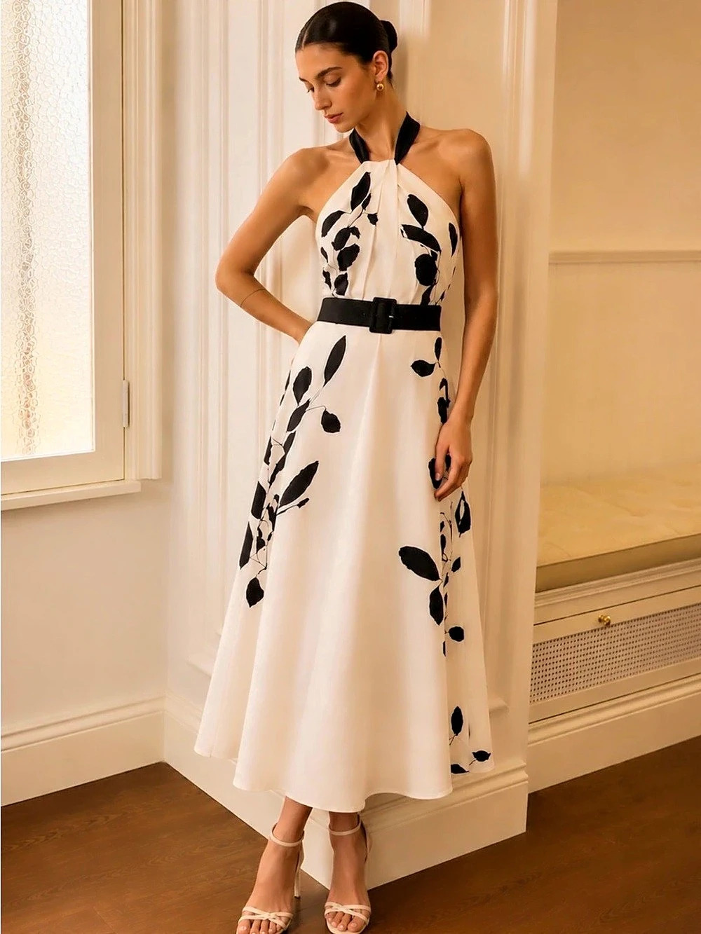 NWT COMMENSE Belted Halter Leaf Print Midi Dress Size Small
